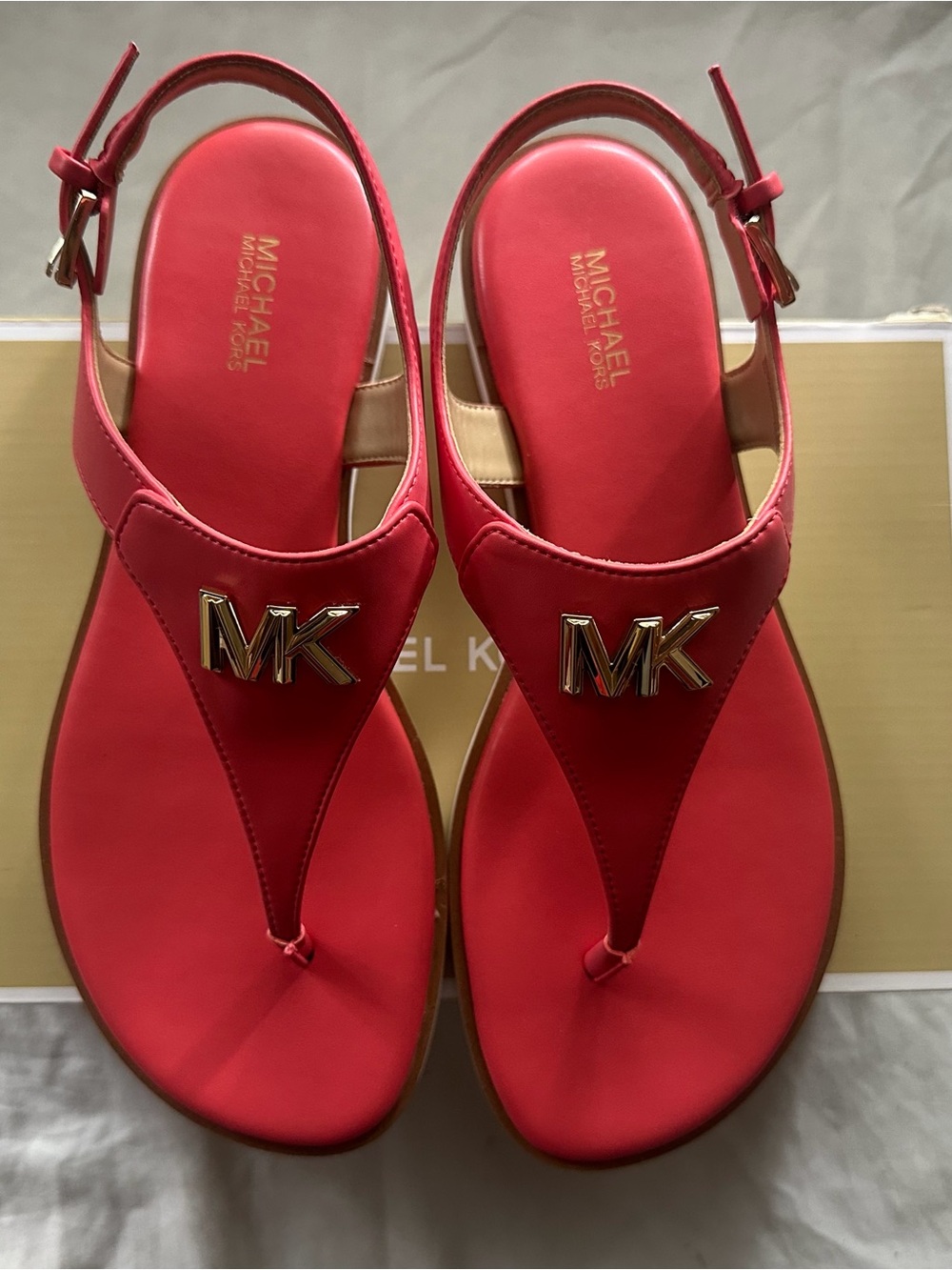 Michael Kors Red T-Strap MK Logo Sandals